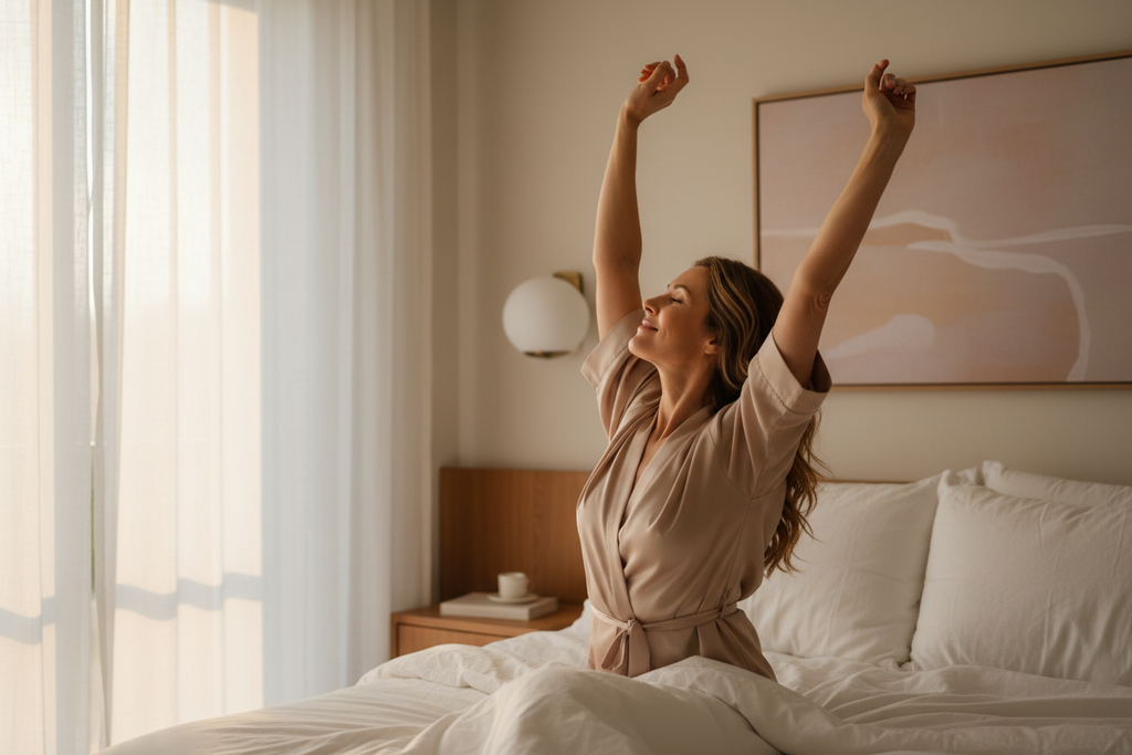 Confident woman waking up stretching in bed with smooth glowing skin in morning light - overnight skincare result