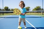 Child holding Franklin Sports Junior Pickleball Paddle with fruit design on outdoor court — youth MaxGrit fiberglass paddle for junior players
