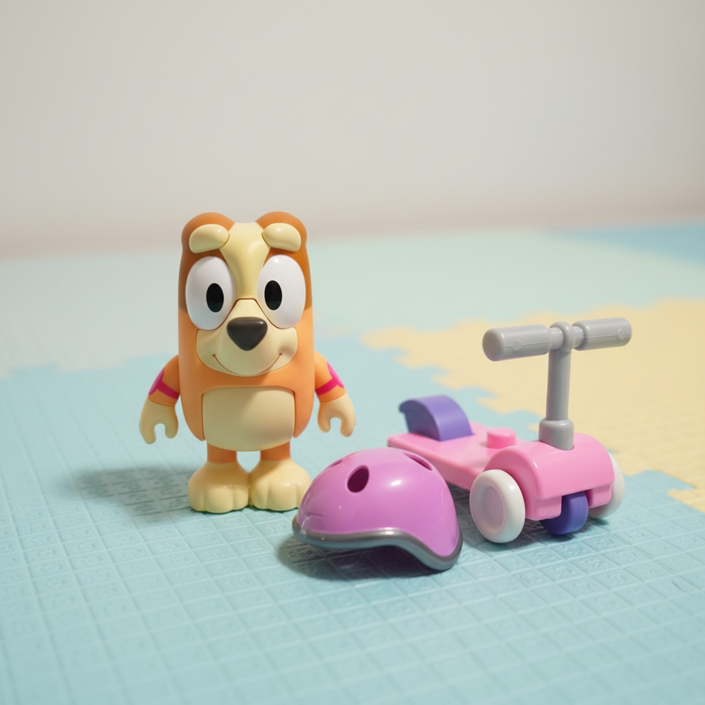 Bluey Bingo Chat Mates talking figure beside the included pink scooter and removable helmet