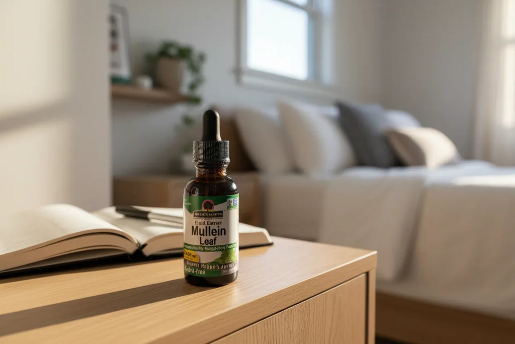 Nature's Answer Mullein Leaf Extract 1oz dropper on oak bedside table with wellness journal — morning herbal supplement routine