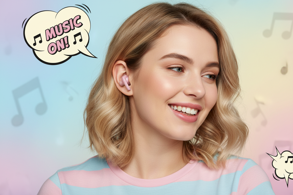 Bytech True Wireless Retro Earbuds pink worn by young woman listening to music retro pop art pastel lifestyle – More4less Outlet