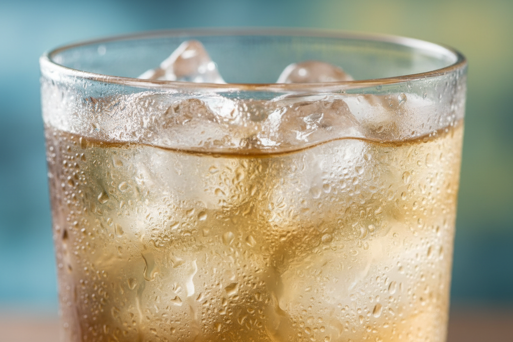 Close-up of ice cubes and condensation on a clear 7.5 oz glass tumbler with cold beverage inside