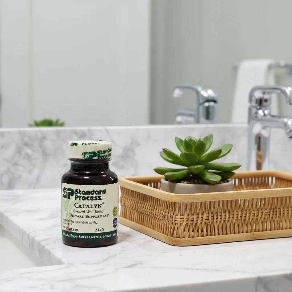 Standard Process multivitamin in daily health-care setting on bathroom vanity with bamboo tray and succulent