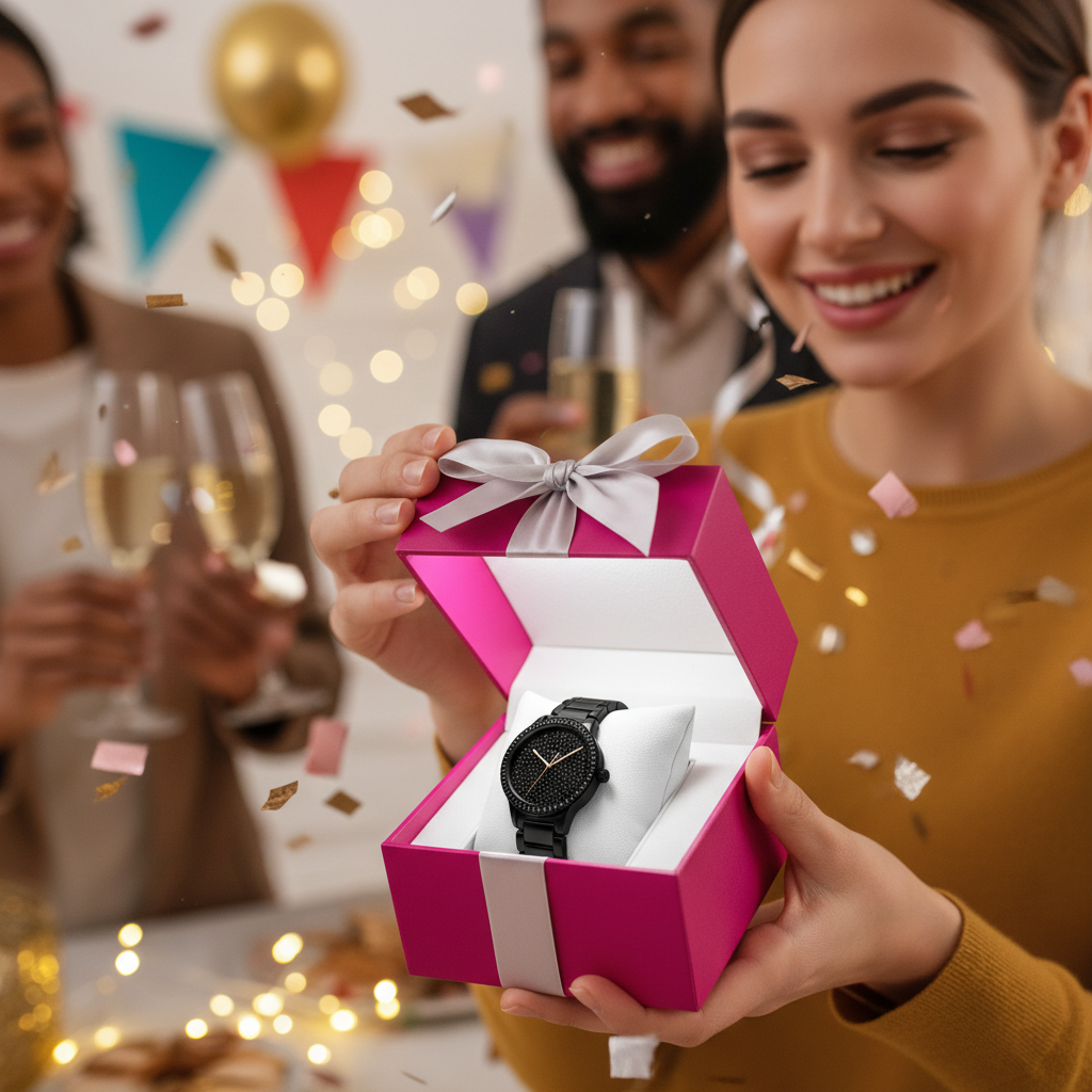 Woman opening pink gift box with black rhinestone watch on display pillow
