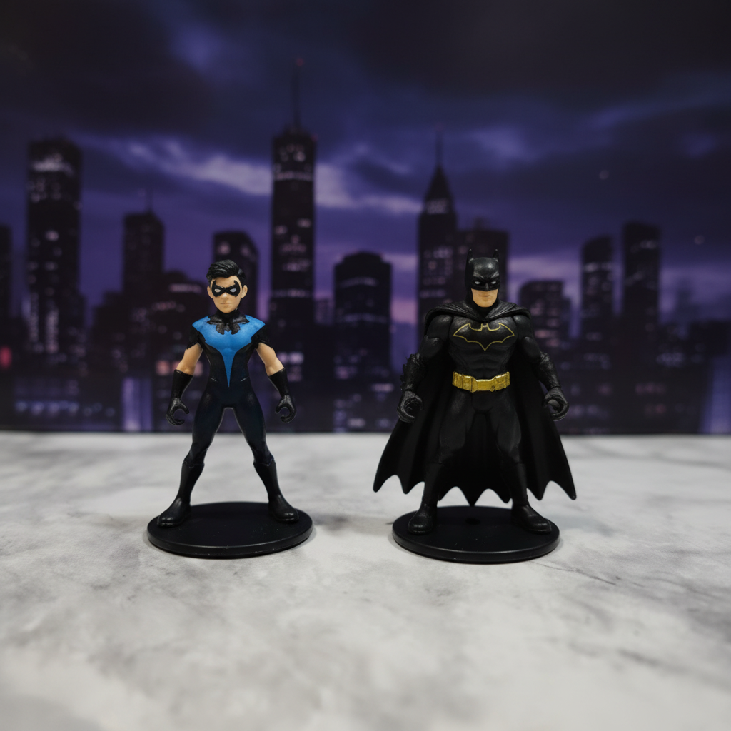 DC Comics Batman and Nightwing 2-inch mini figures close-up showing sculpted costume details against dramatic Gotham city skyline silhouette