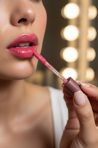 Woman applying Manna Kadar pH balance lip oil glossy pink custom tint beauty routine — More4less Outlet