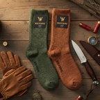 Wolverine wool boot socks 2-pack hunter orange marl flat lay rustic wood surface outdoorsman gear aesthetic - More4less Outlet