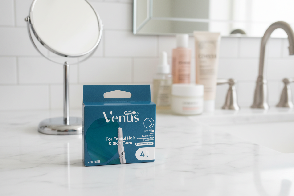 Gillette Venus Facial Hair & Skin Care Refills teal box on white marble bathroom vanity with mirror and skincare products