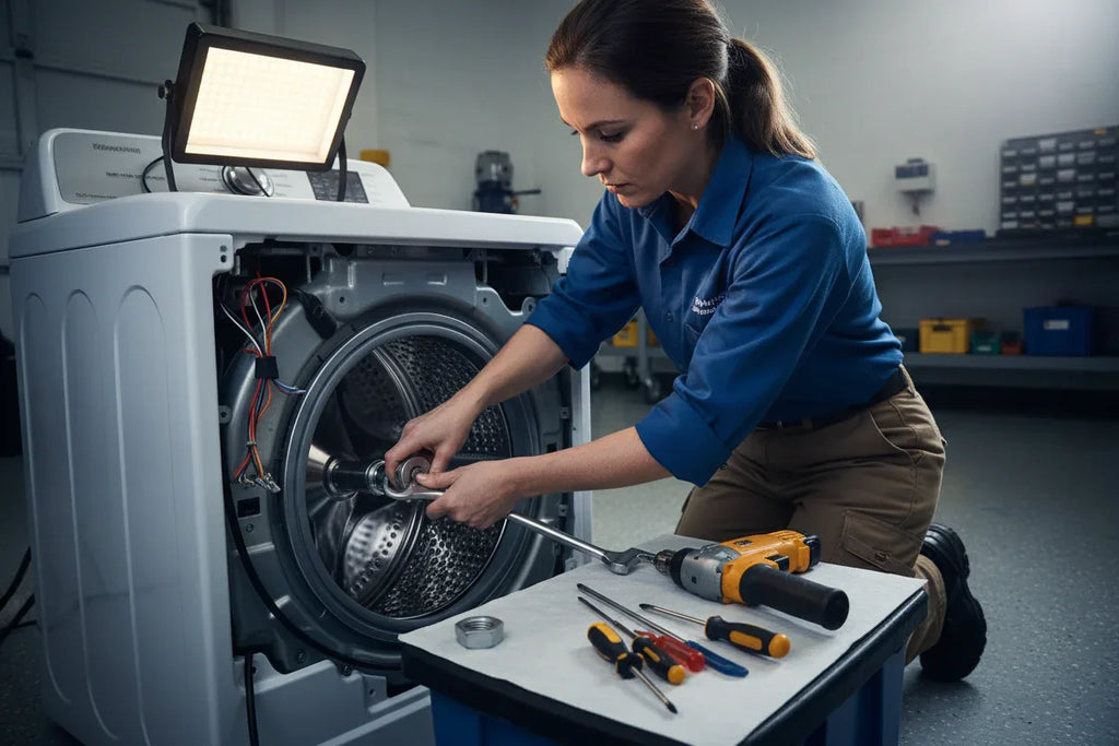 Appliance technician repairing a top-load GE washing machine tub and drive shaft