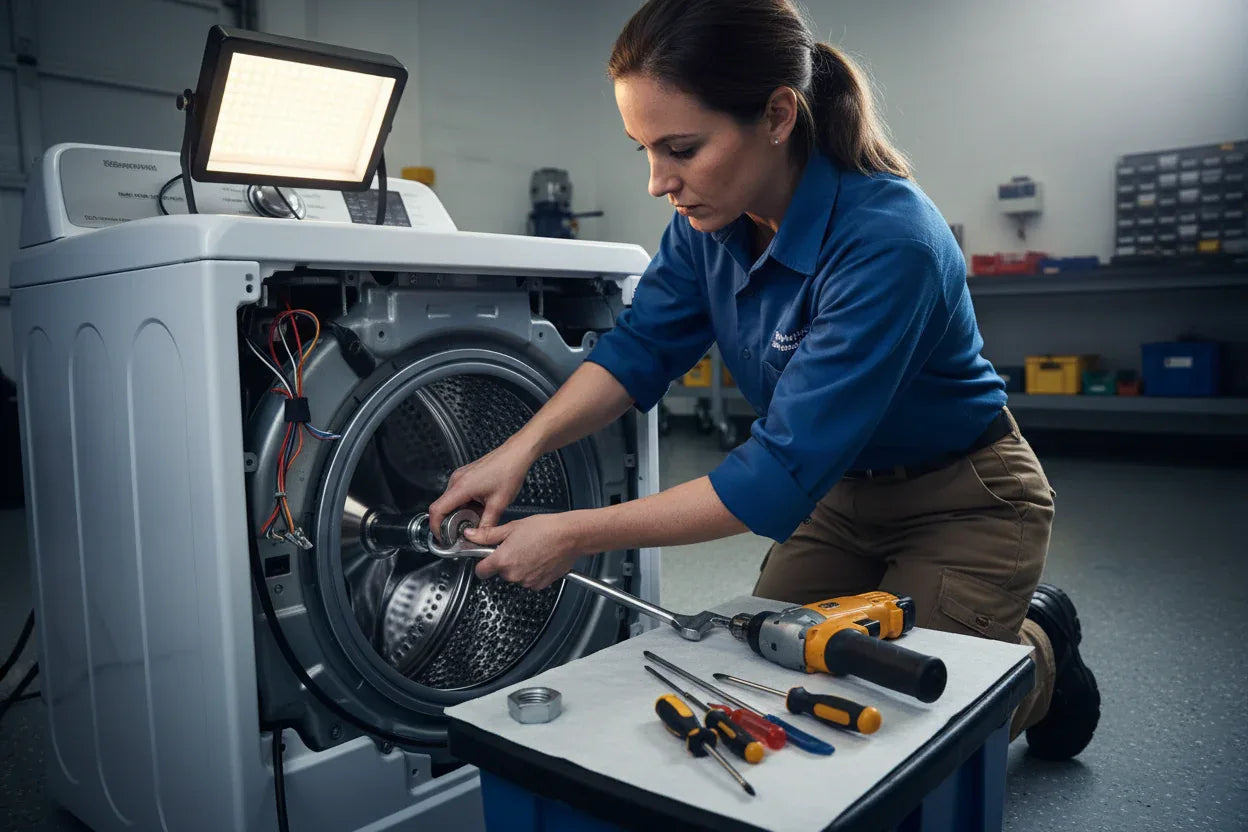 Appliance technician repairing a top-load GE washing machine tub and drive shaft