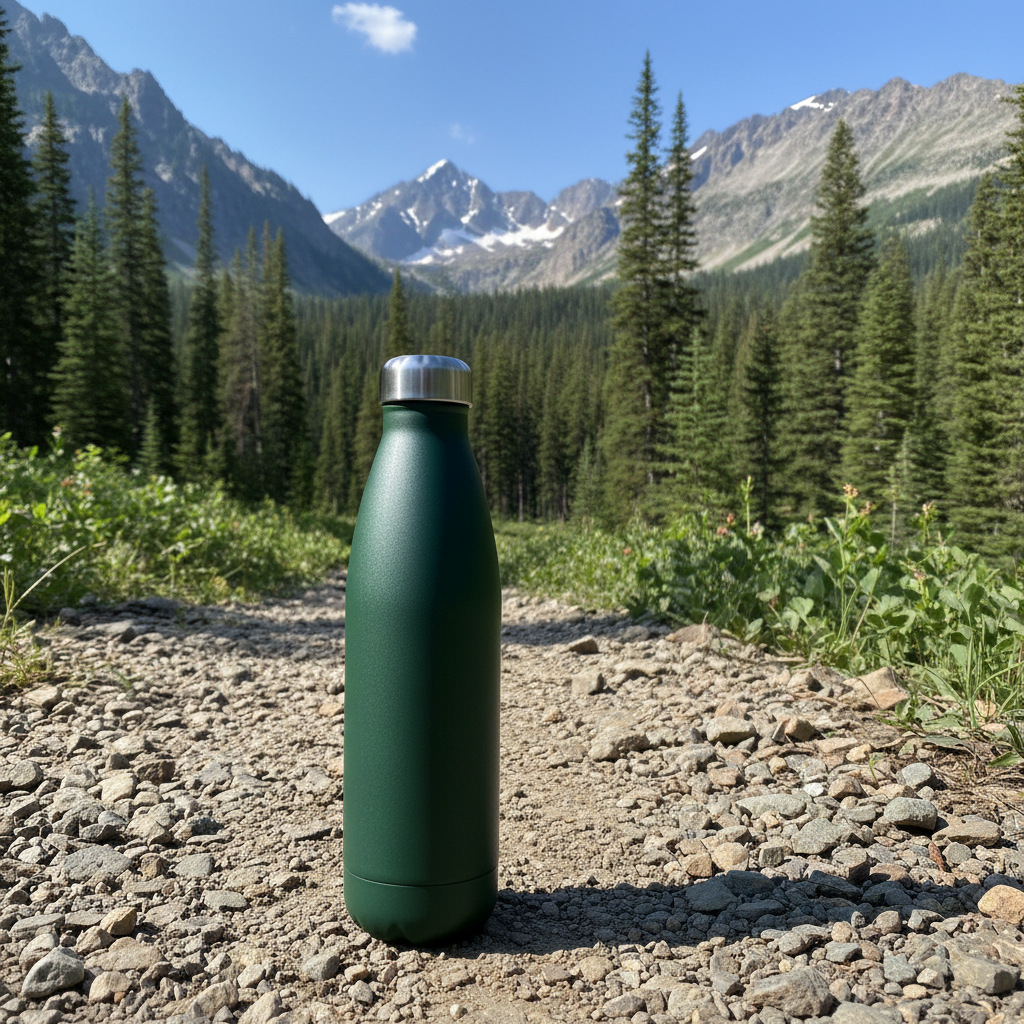 Matte dark green 32 oz stainless steel water bottle on rocky trail with pine trees and mountains in background