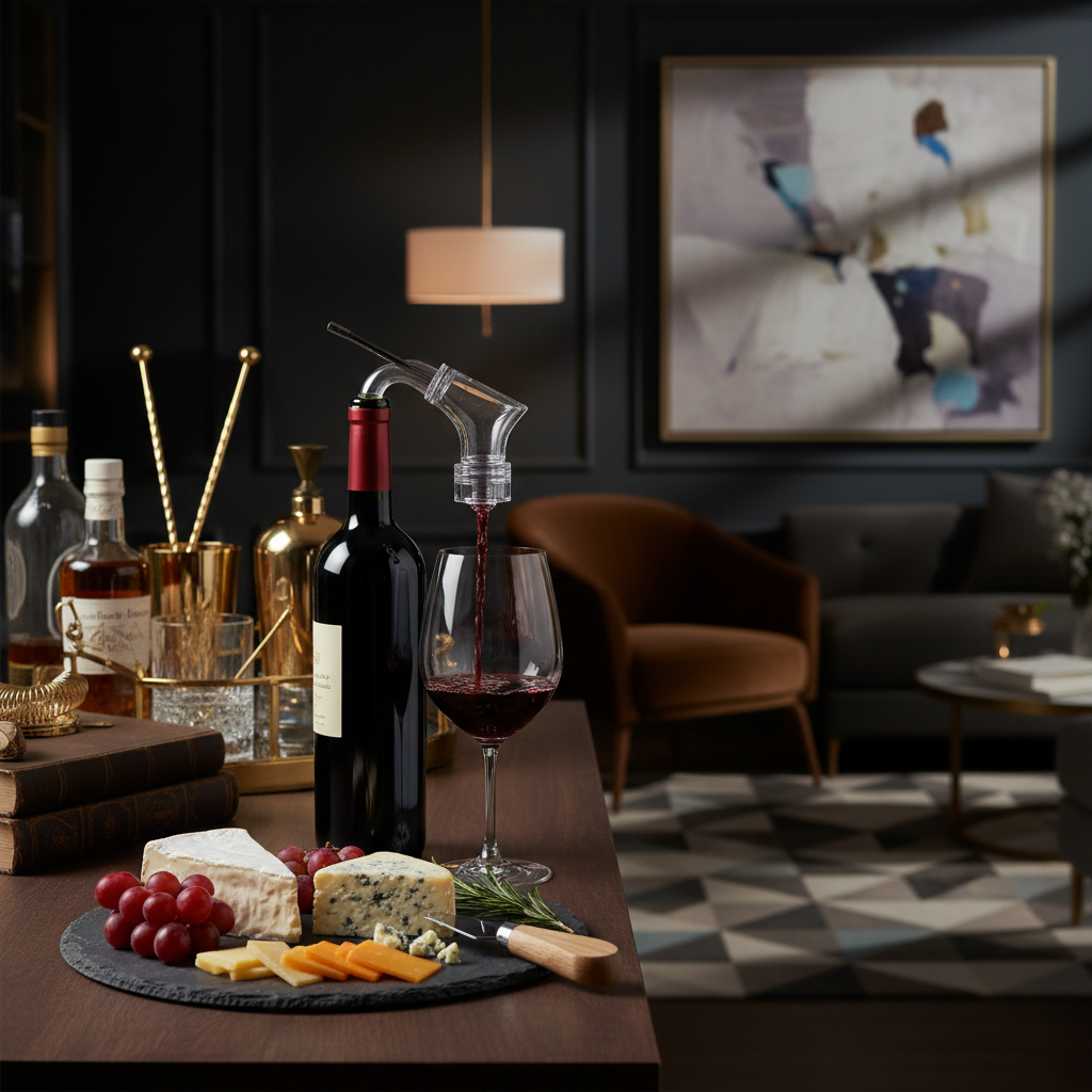 Stylish home bar with red wine bottle fitted with aerating pourer beside artisanal cheeses and grapes