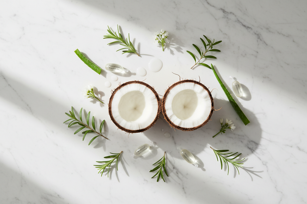 Fresh coconut halves panthenol vitamin B5 capsules and botanical leaves flat lay curl styling ingredients lifestyle photo