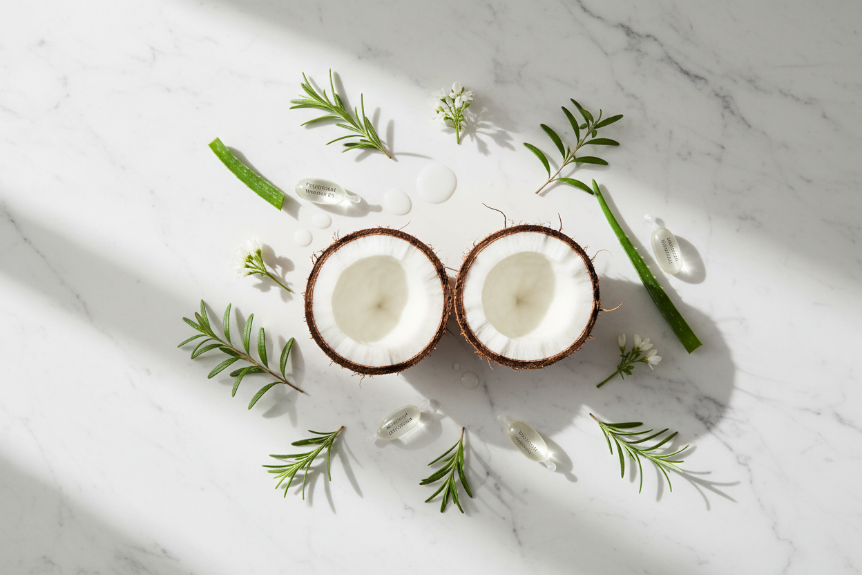 Fresh coconut halves panthenol vitamin B5 capsules and botanical leaves flat lay curl styling ingredients lifestyle photo