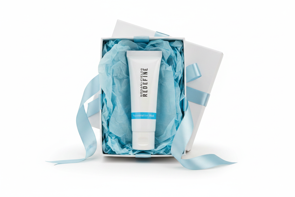 Rodan + Fields REDEFINE Rejuvenation Mask white tube as luxury anti-aging skincare gift in white gift box with light blue tissue paper and ribbon – More4less Outlet