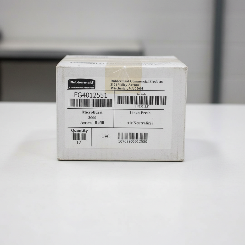 Rubbermaid Commercial Microburst 3000 Linen Fresh refill case on a clean packing surface