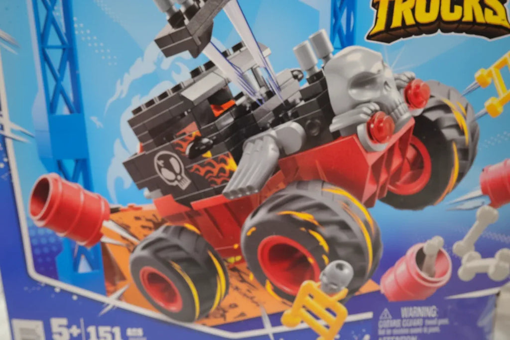Macro detail shot of Bone Shaker vehicle within Mega Hot Wheels box packaging