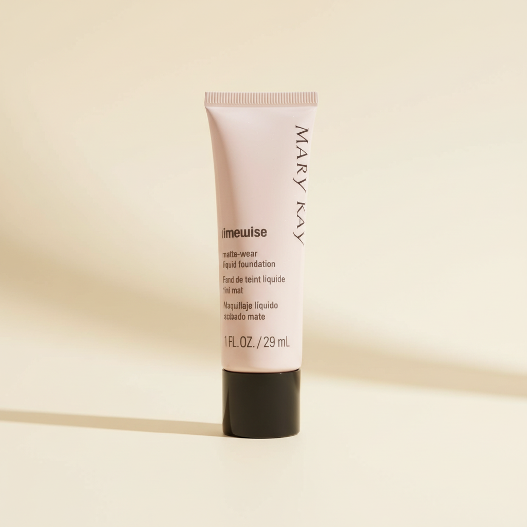 AI-generated lifestyle/context image of Mary Kay TimeWise Matte-Wear Liquid Foundation on a warm ivory studio surface.