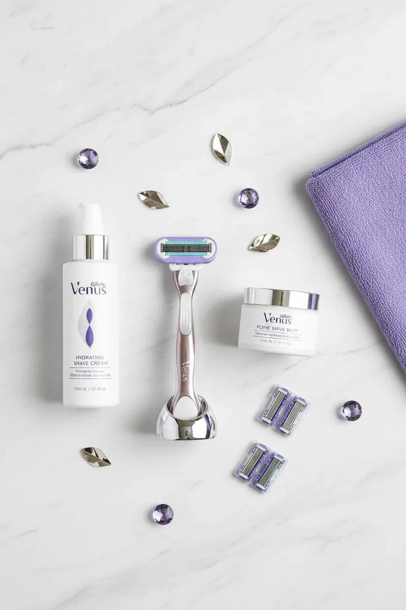 Professional flat lay of luxury women's shaving accessories and skincare products on white marble with platinum and purple accents