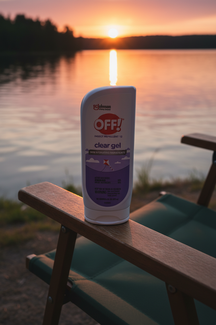 OFF! Clear Gel insect repellent on camping chair armrest beside lake at golden hour sunset