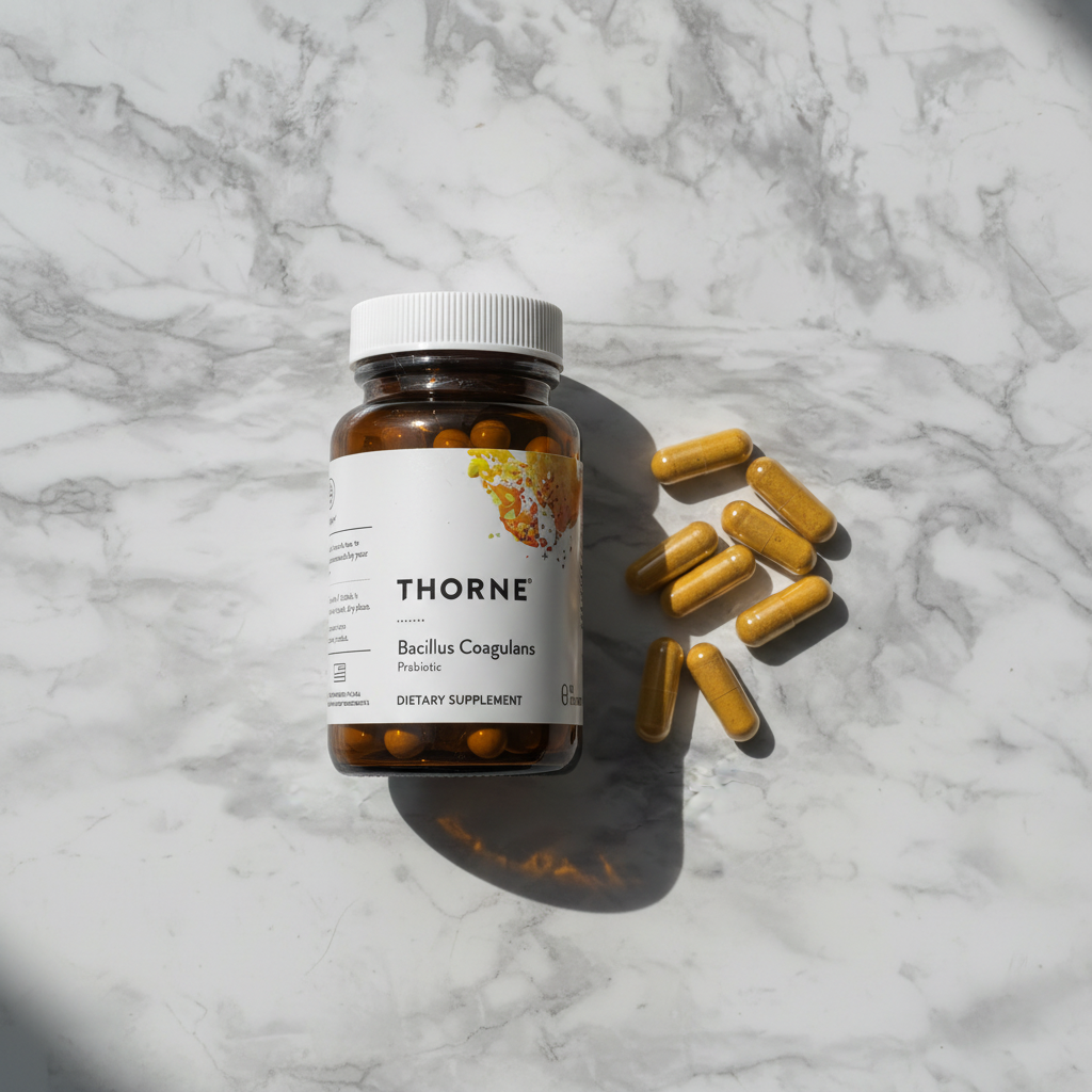 Lifestyle flat lay of Thorne Bacillus Coagulans bottle with golden delayed-release capsules on white marble