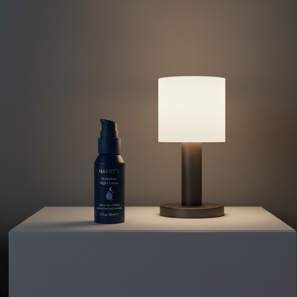 Sleek dark navy blue pump lotion bottle on a modern grey nightstand with soft warm lamp glow