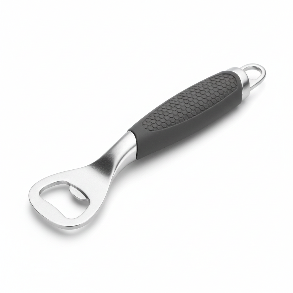 Close-up slim ergonomic zinc bottle opener with non-slip grip handle sharp product detail shot neutral white background clean studio lighting