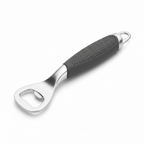 Close-up slim ergonomic zinc bottle opener with non-slip grip handle sharp product detail shot neutral white background clean studio lighting