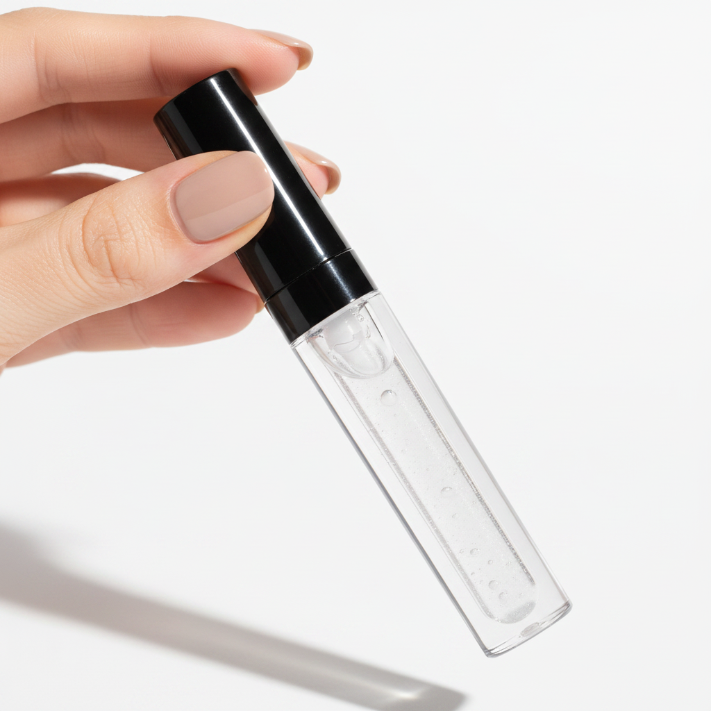 Woman's hand holding clear lip gloss tube with black cap against minimalist white backdrop