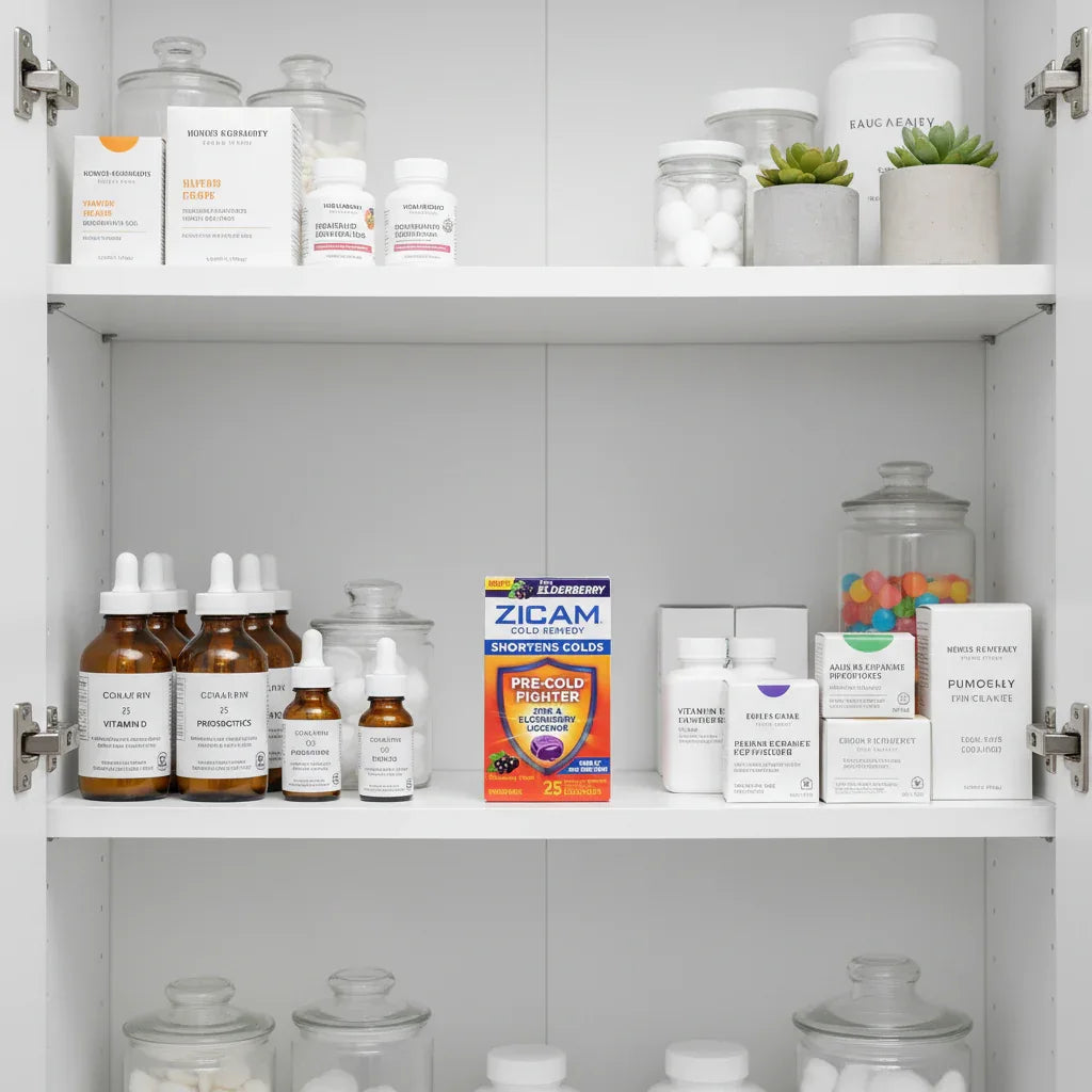 Zicam Cold Remedy Plus Elderberry box in organized medicine cabinet with white-label bottles and clear glass storage