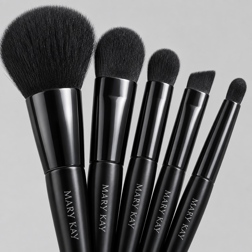 Close-up detail of Mary Kay Essential Brush Collection soft synthetic bristles and handles