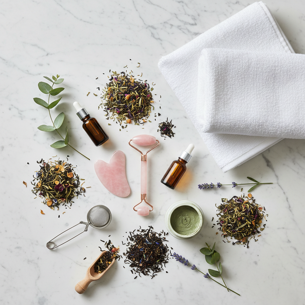 Flat-lay of botanical skincare accessories, loose tea leaves, and cotton towels on marble
