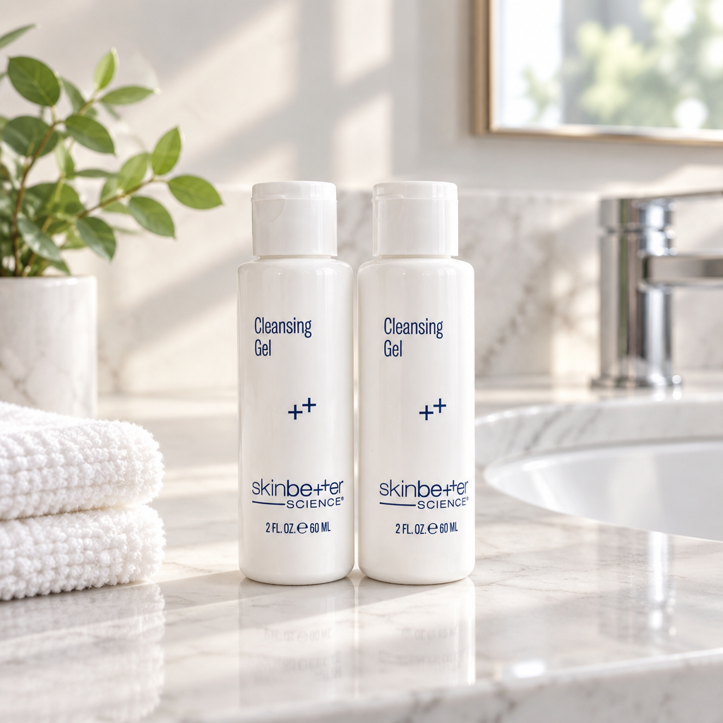 skinbetter science Cleansing Gel bottles on a bathroom countertop