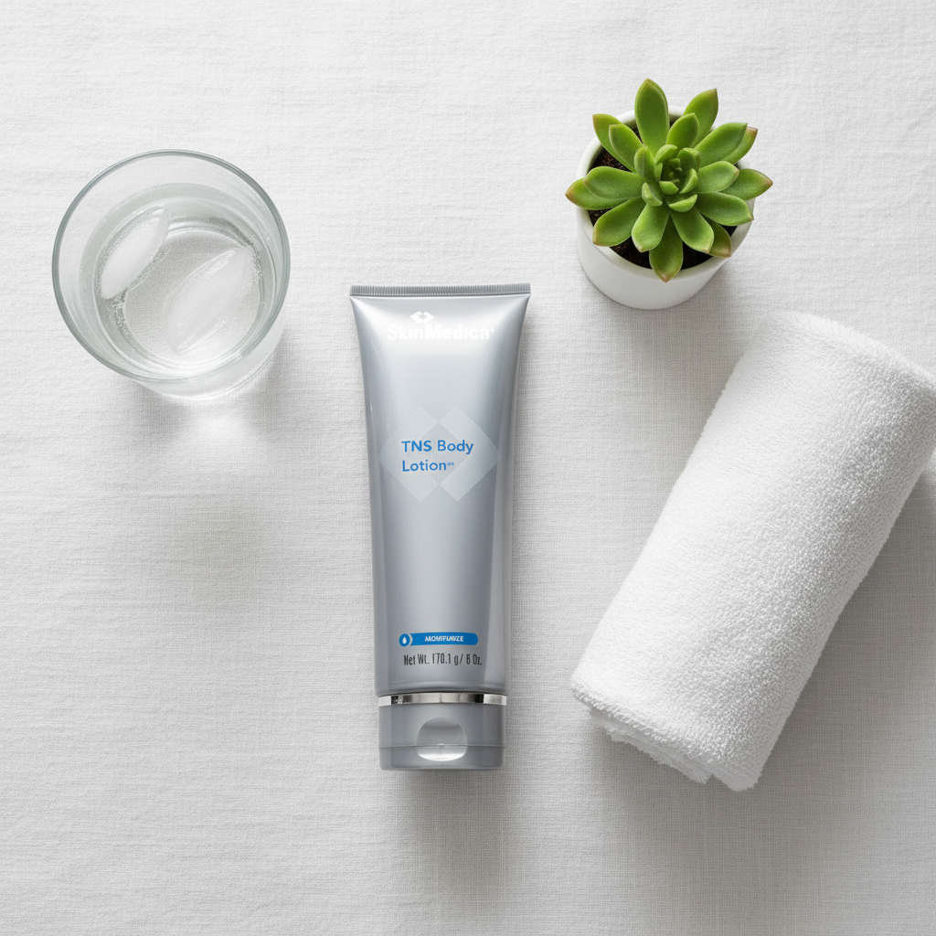 SkinMedica TNS Body Lotion flat lay on white linen with towel plant and glass spa lifestyle