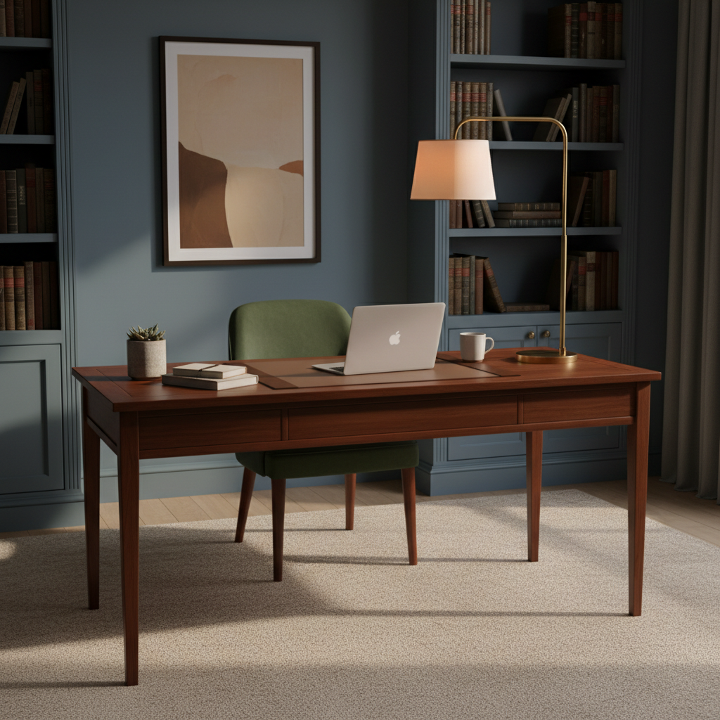 Elegant home office desk with warm dimmed floor lamp light in productive workspace