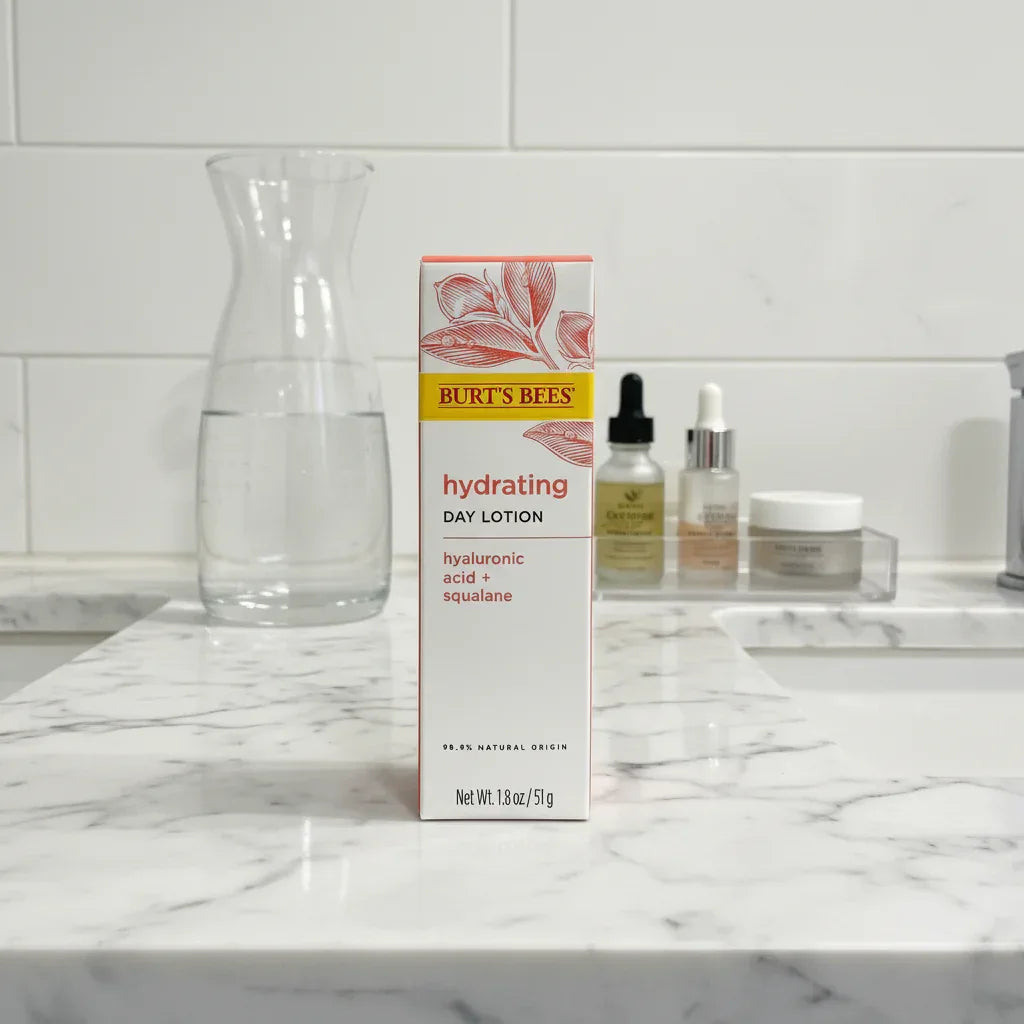Burt's Bees Hydrating Day Lotion box on bathroom marble vanity alongside clear glass carafe of water and organized acrylic skincare tray