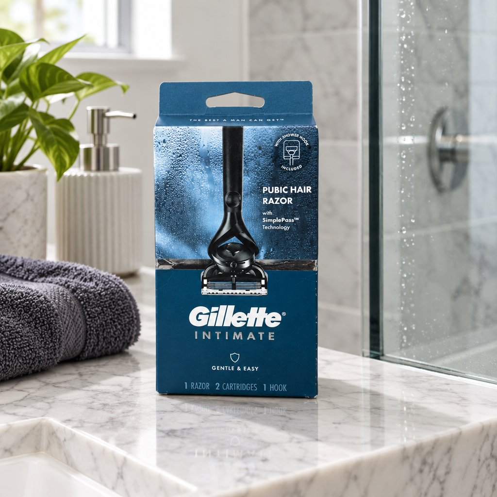 Gillette Intimate Pubic Hair Razor box on a bathroom marble countertop near a shower