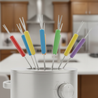 Closeup of color-coded fondue forks and adjustable temperature control dial on Homecraft electric fondue base – More4less Outlet