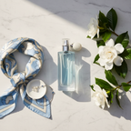 Lifestyle image — light blue and ivory flatlay with clear perfume bottle beside white gardenias and silk scarf on marble, editorial fragrance photography for visual context only