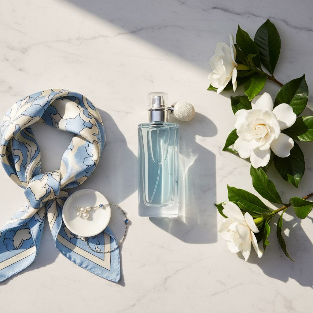 Lifestyle image — light blue and ivory flatlay with clear perfume bottle beside white gardenias and silk scarf on marble, editorial fragrance photography for visual context only