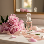 Lifestyle image — clear glass perfume bottle with frosted cap on white marble vanity beside soft pink peonies and silk ribbon, romantic editorial for visual context only