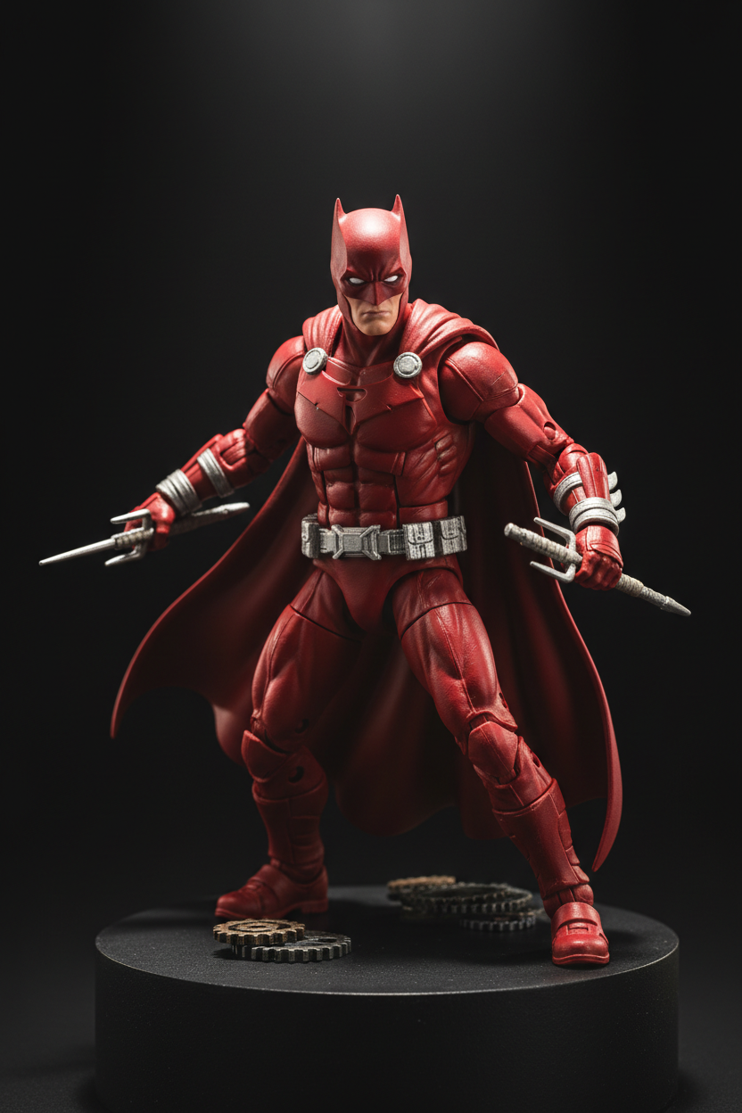 Close-up detail of premium 6-inch superhero action figure in red costume with twin sai accessories on dark display surface — More4less Outlet