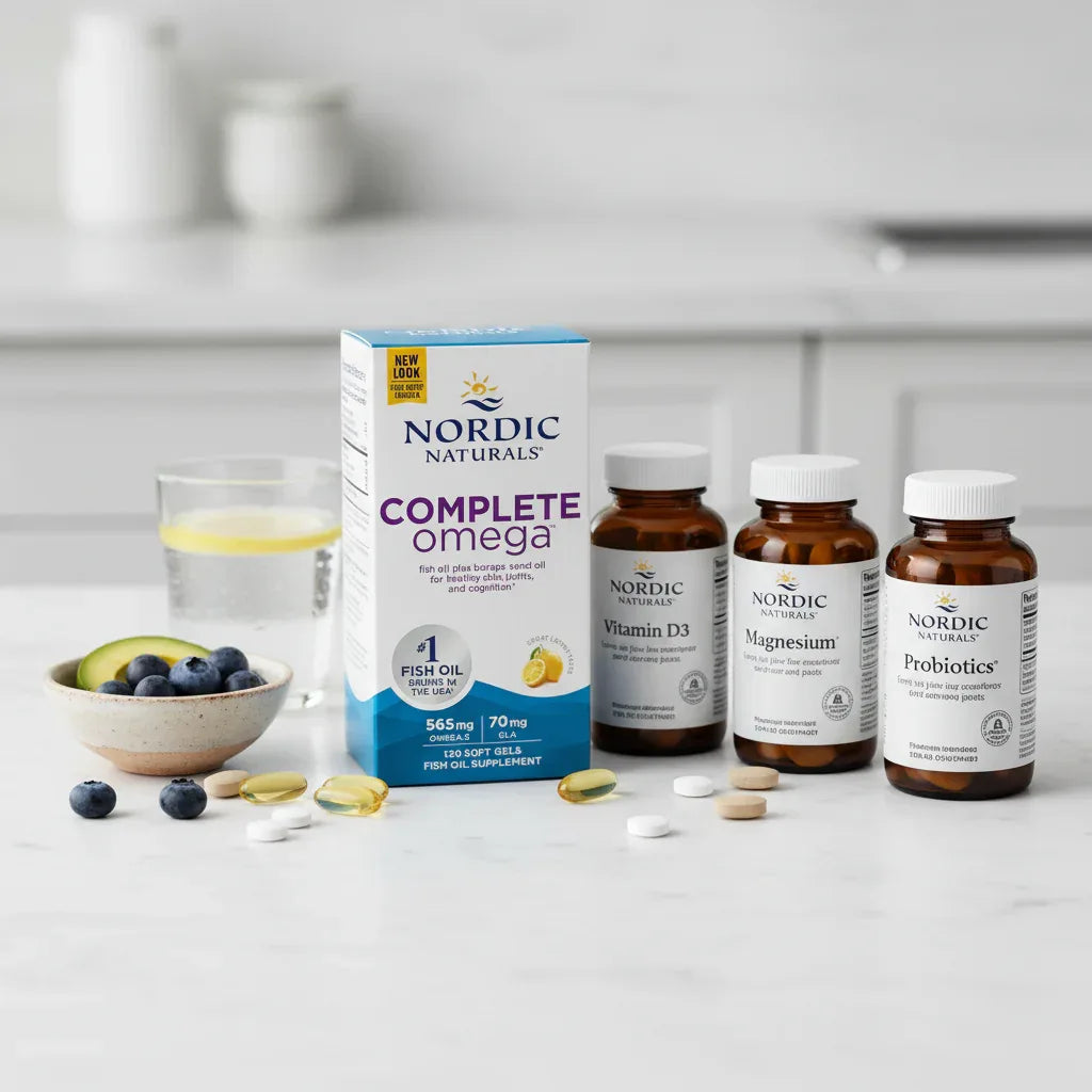 Wellness-oriented professional composition highlighting balanced omega-3 nutrition supplement for a daily routine