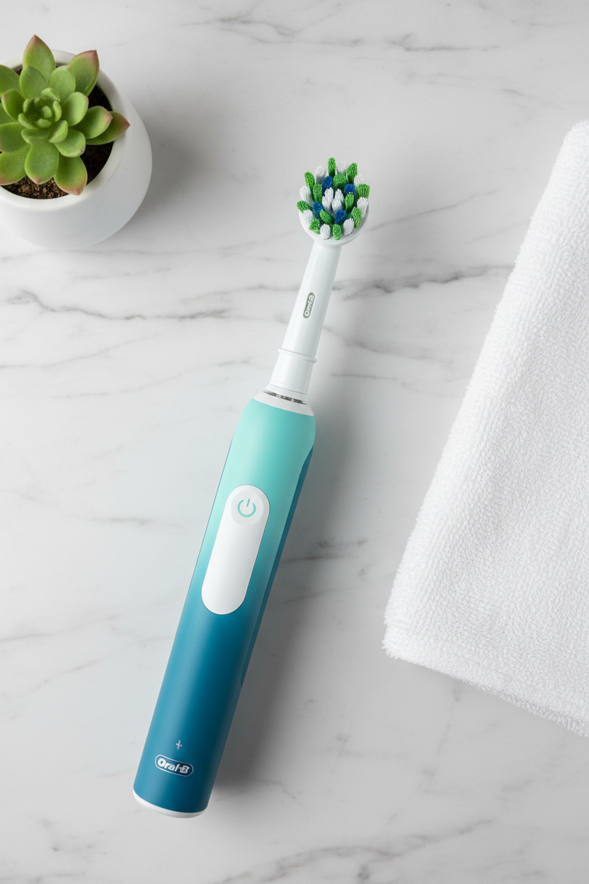 Oral-B Pro 1000 electric toothbrush flat lay on white marble with towel and plant