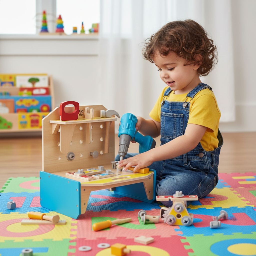 Young child playing with Hape Little Engineer's Workbench wooden toy set on bright colorful playroom floor – More4less Outlet