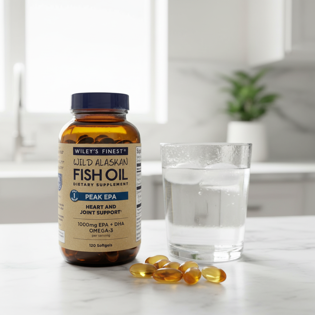 Lifestyle context image of Wiley's Finest Wild Alaskan Fish Oil Peak EPA (AI-generated for visual illustration only) – marble surface with water glass – More4less Outlet