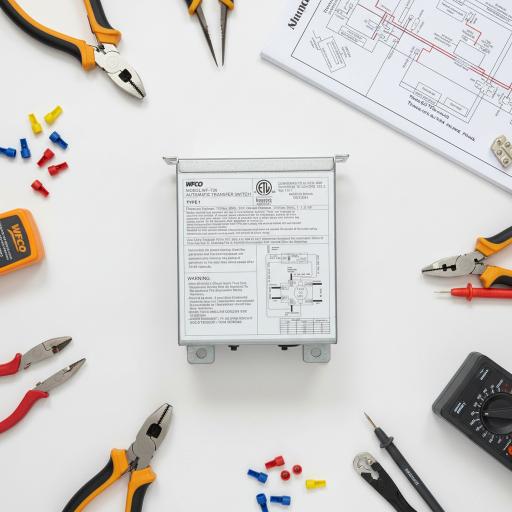WFCO WF-T30 automatic transfer switch flat lay on workbench with electrical tools wire connectors and RV wiring diagram