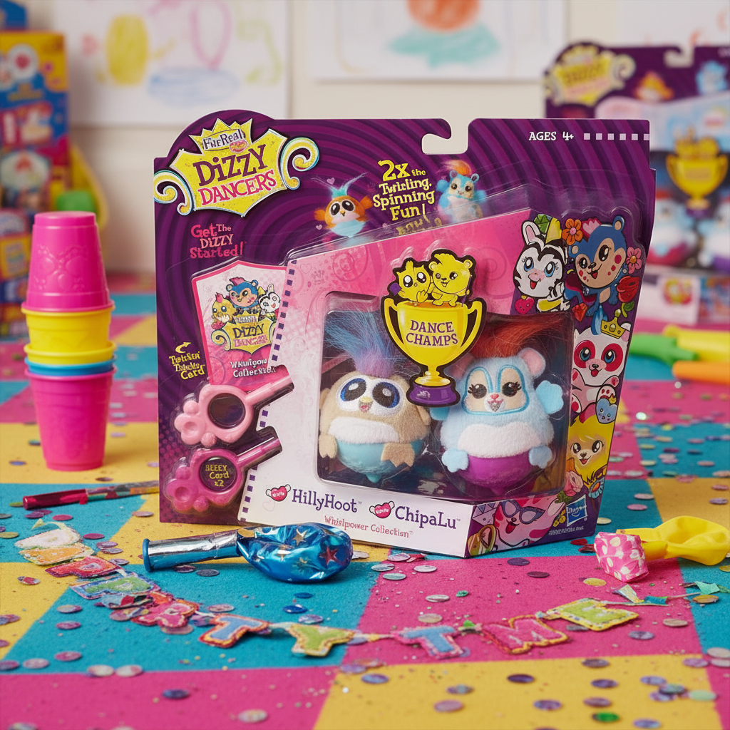 FurReal Friends Dizzy Dancers HillyHoot & ChipaLu 2-pack by Hasbro displayed on a colorful playroom surface with confetti and party props – More4less Outlet