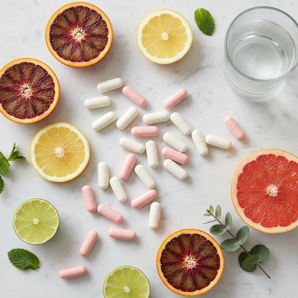 Flat lay of women's multivitamin caplets with fresh citrus fruits and green leaves on marble