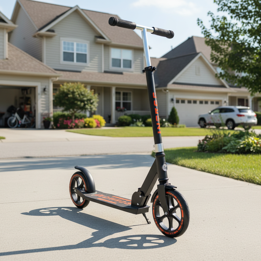 Black and orange folding kick scooter on kickstand in suburban driveway — Mongoose Force 4.0 — More4less Outlet